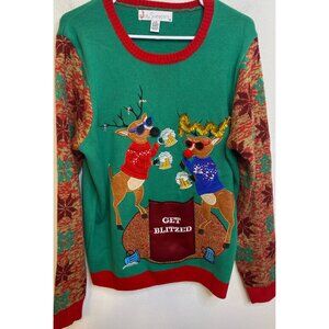 Ugly Christmas Jolly Sweater "Get Blitzed" Beer Drinking Party Reindeer LARGE